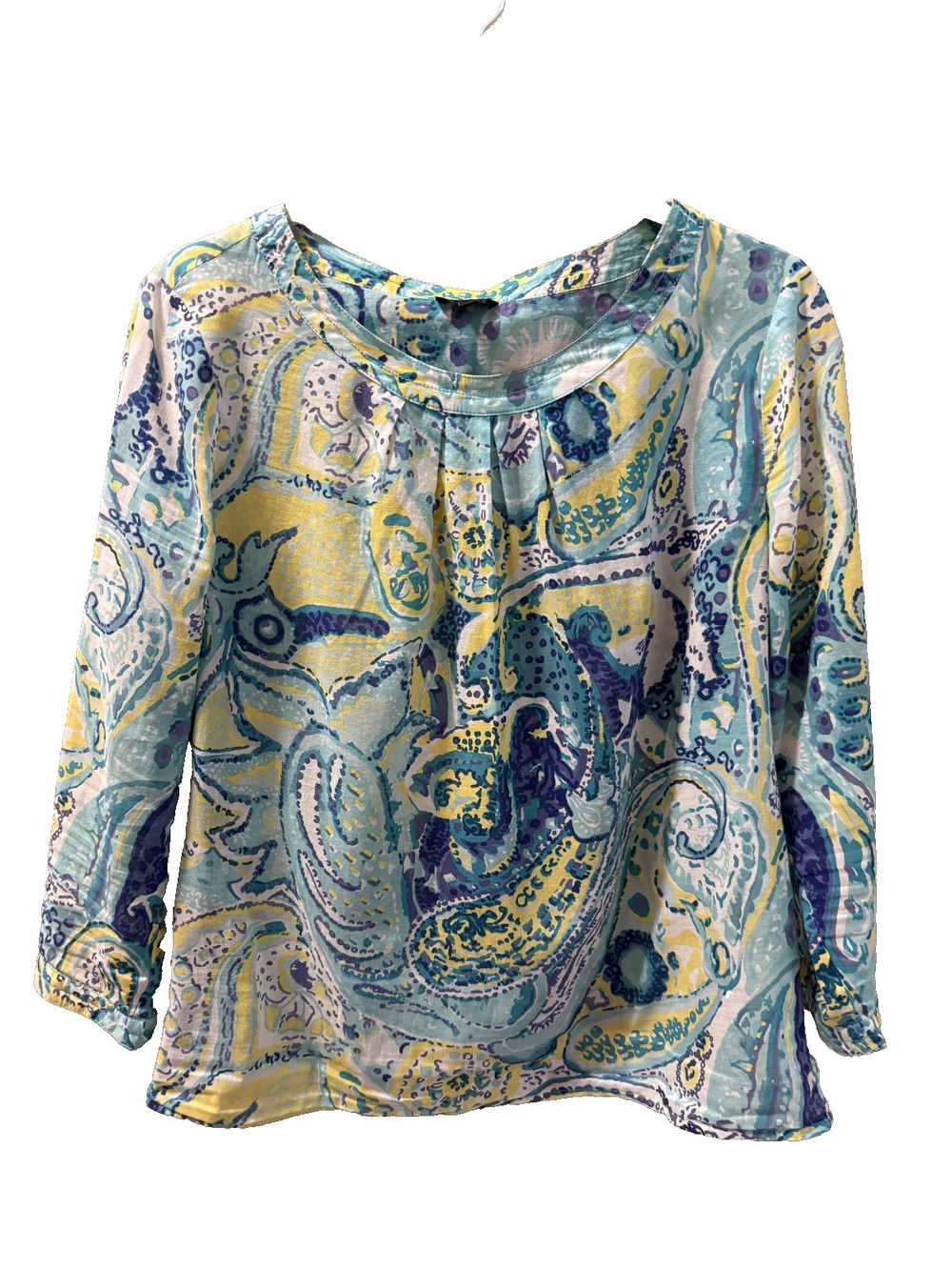 Talbots Womens Size10 Aqua Paisley Print Blouse Sheer Lightweight Coastal Summer